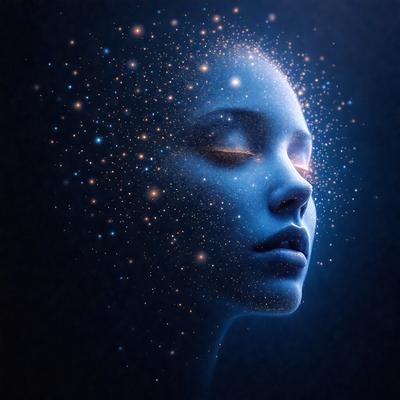 The primary subject of the image is a close-up of a woman's face, with a blue background. The visual style appears to be a digital art or illustration, as the woman's face is depicted in a surreal and dreamy manner. The colors and mood of the image are predominantly blue, creating a serene and calming atmosphere.